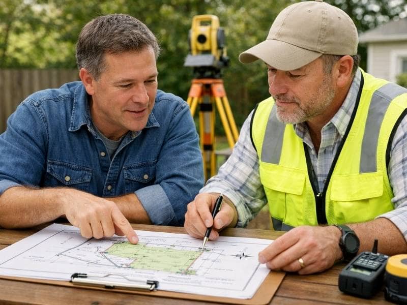 Surveyor reviewing a commercial property site plan to meet ALTA survey requirements before a real estate transaction