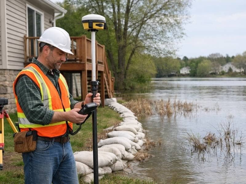 Land surveyor measuring a residential property's elevation near a flood-prone area for an elevation certificate