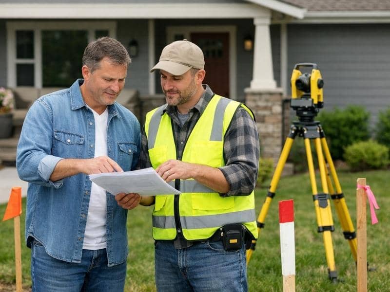 Land surveyor explaining property survey results and home survey cost to a homeowner